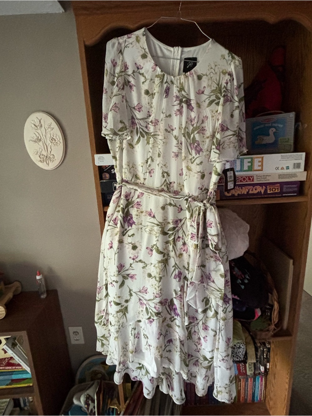 White Floral Midi Dress with Purple & Green Print
